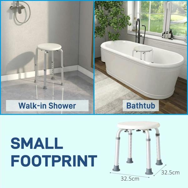 White shower stool with round seat, shown with walk-in shower and bathtub areas