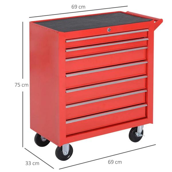 Red 7-drawer tool cabinet on wheels with black top and caster wheels