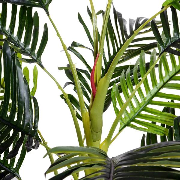 Close-up of artificial palm-style fronds and green stems from a topiary tree