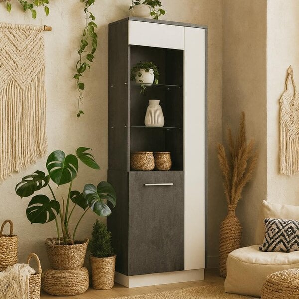 Wyld Haus Nantes Grey and White Tall Glazed Display Cabinet Left Hand with LED Lighting