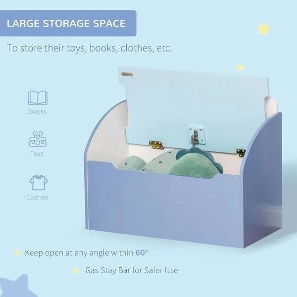 Blue toy storage box with open compartment and back support bracket for lid