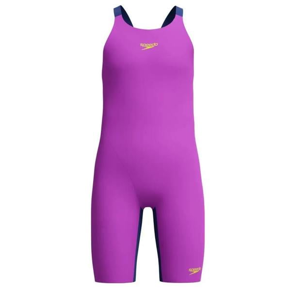 Vibrant purple Speedo girls Fastskin Endurance+ Max open back kneeskin with navy trim and gold logo