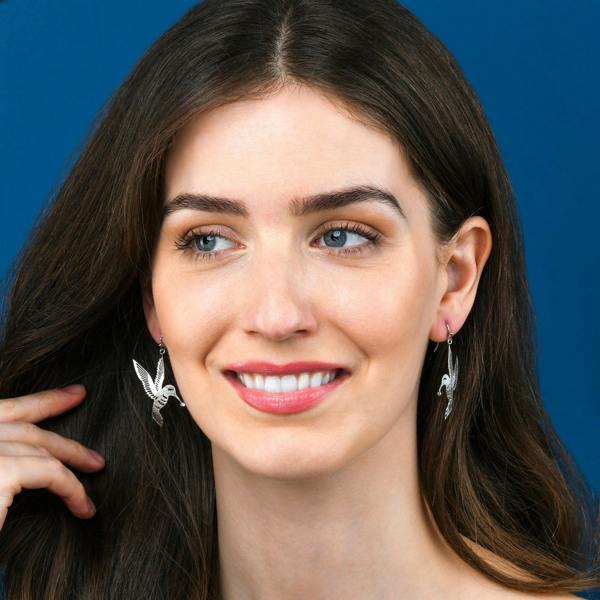 namana Silver Bird Dangle Earrings in a Hummingbird Design for Women