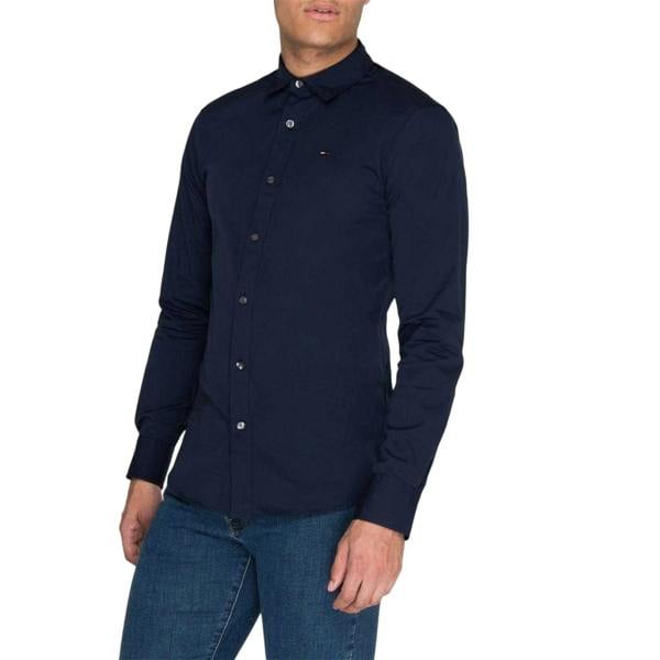Tommy Jeans Mens Plain Stretch Long-Sleeved Shirt - Navy - 