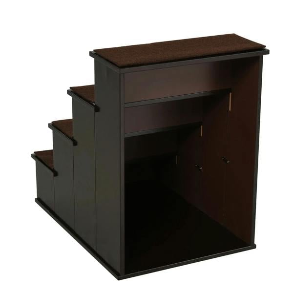 Dark brown pet stairs with open storage cabinet and brown carpet top step