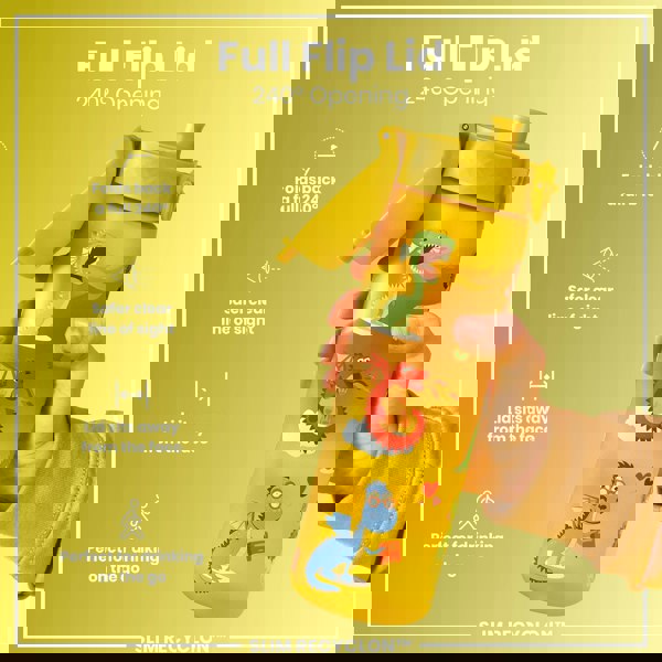 A yellow water bottle, with a 240° opening flip lid, is held by a hand. The bottle features dragon illustrations and is described as perfect for on-the-go drinking. SLIM RECYCLON™ is also indicated.