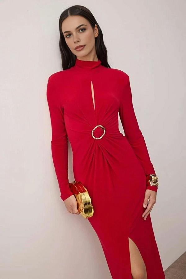 WOVCOR Knitted Midi Unlined Evening Dress with Cut Out Accessory Details