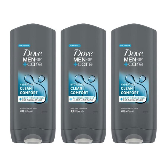 Dove Men+Care Hydrating Clean Comfort 3-in-1 Hair, Face and Body Wash 3x400ml