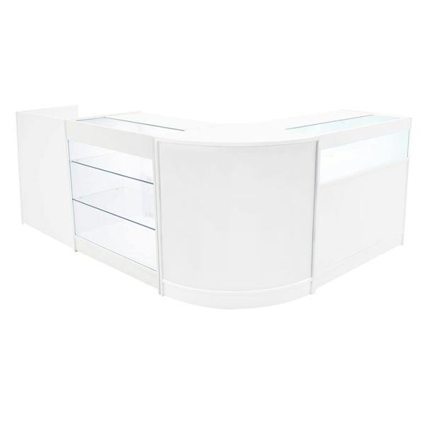 Polaris LED Shop Counter Set in white, featuring sleek curved design, glass display shelves, and modern LED lighting for retail use