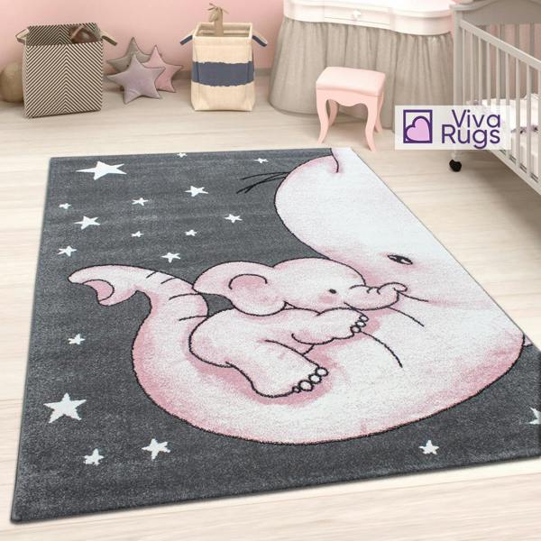 Viva Rugs Childrens Animal Rug Grey Pink Elephant Nursery Carpet Kids Play Baby Room Mats