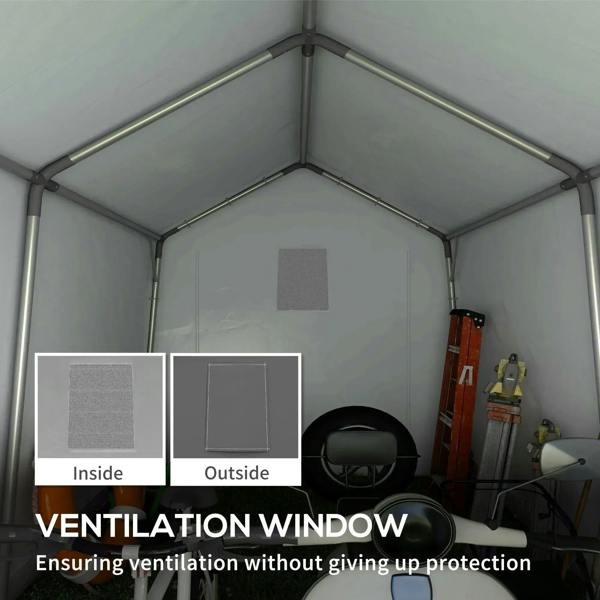 Dark grey storage shed tent interior with ventilation window and arched frame tubes