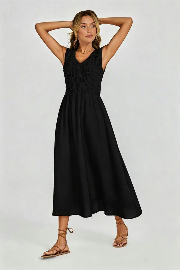 FS Collection Shirred Midi Dress with Sleeveless V-Neck In Black