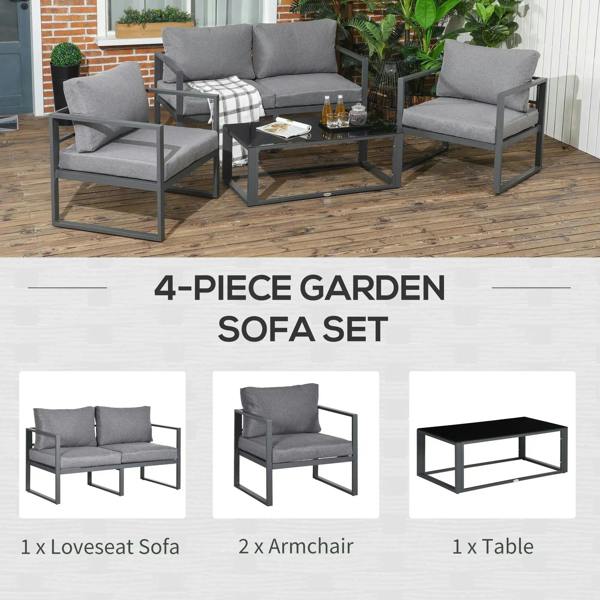 Grey outdoor seating set with two armchairs, loveseat sofa, and coffee table