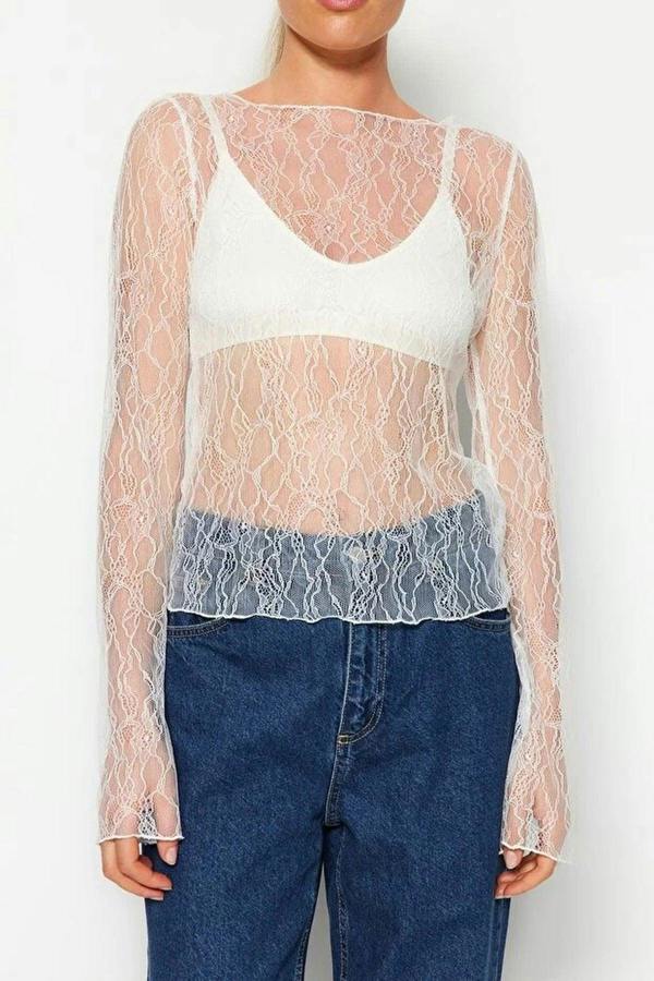 WOVCOR Boat Neck Lace Stretch Knit Blouse