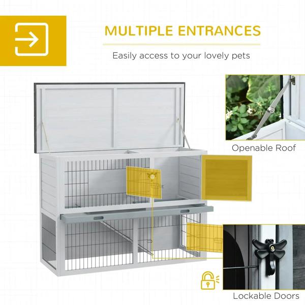 Grey two-tier wooden hutch with openable top roof and lockable front door panels