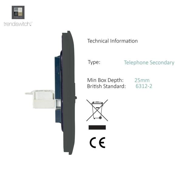 Trendi Switch 1 Gang Cat 3 Telephone Slave Socket in Charcoal Grey