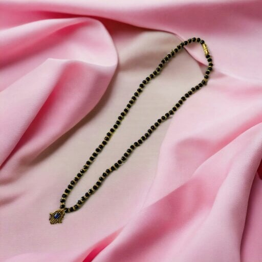 The Colourful Aura Black Crystal Gold Beaded Hamsa Mangalsutra Pendant Elegant Necklace