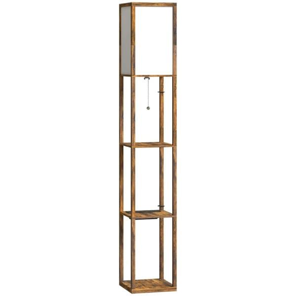 Rustic brown standing floor lamp with four-tier open shelves and glass frame
