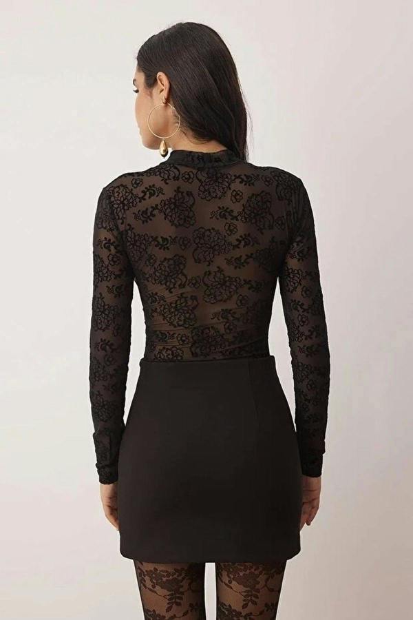 WOVCOR Lined Floral Patterned Stand Collar Knit Tulle Bodysuit