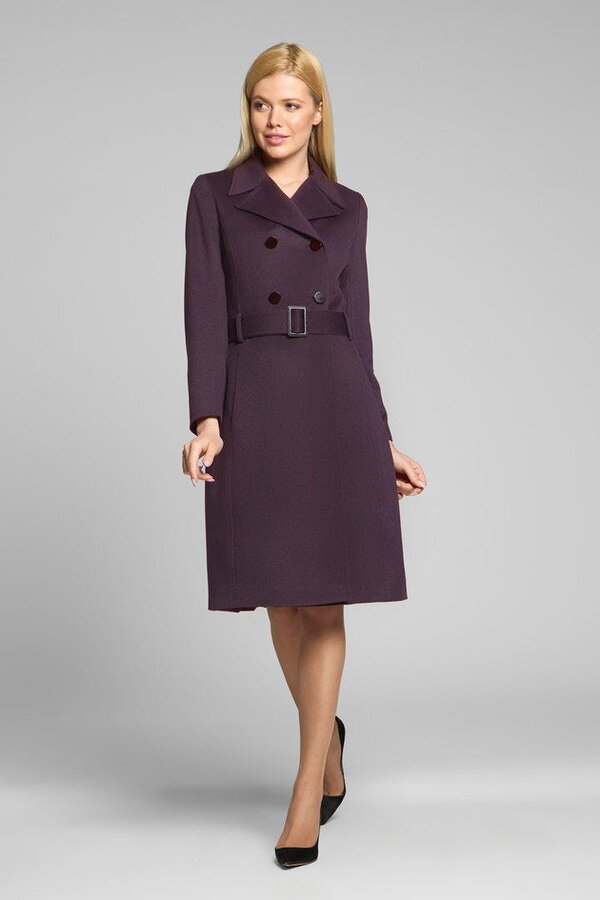 Isabella dark purple wool and cashmere blend coat with double-breasted silhouette and pleated back