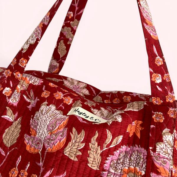 Hayley & Co Weekend Duffle Bag | Red Block Print Floral with Long Strap
