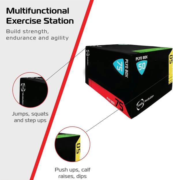 Large Body Revolution Plyo Box with black and red design, featuring height indicators for jumps, squats, and dips, ideal for versatile workouts