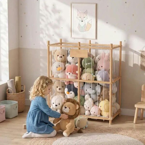 Bobobiy Stuffed Animal Storage Organiser, Wooden Storage Zoo with Rounded Corners for Nursery, Kids Room, Playroom, Natural - Natural wood finish