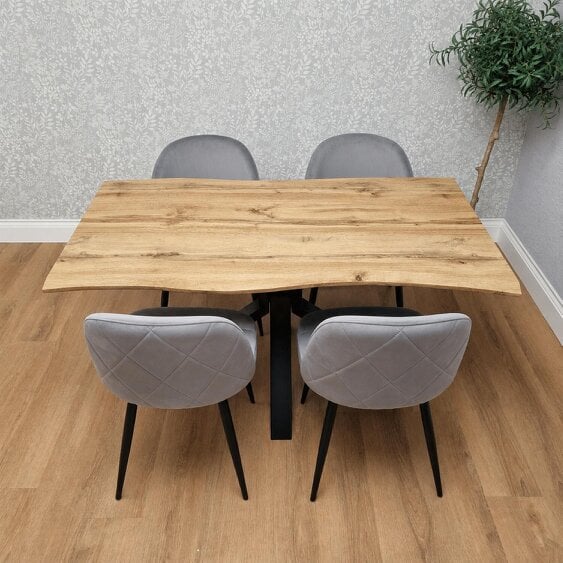 Kosy Koala Rustic Wood-Effect Wavy X Shaped Legs Dining Table Set with 4 Grey Velvet Chairs