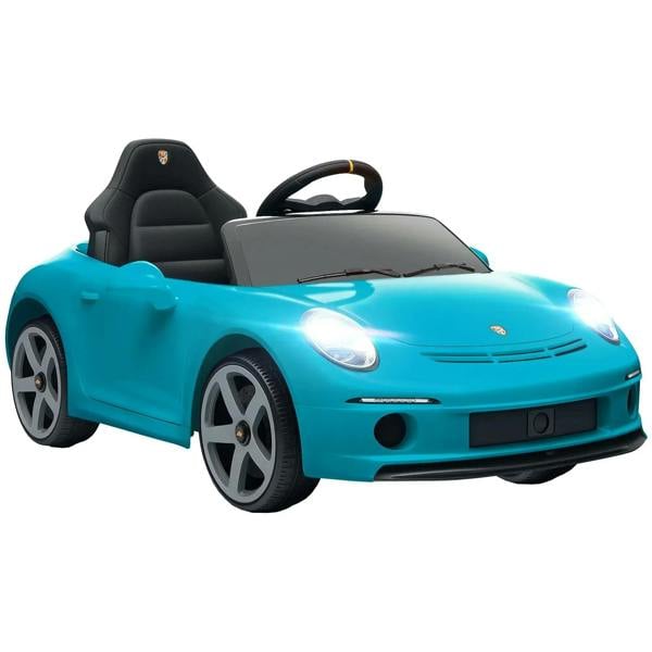 Kids blue electric ride-on car with black seats and front headlights