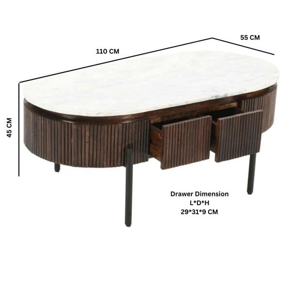 Wyld Haus Alabama Ribbed Mango Wood Oval Coffee Table With Marble Top and Metal Legs