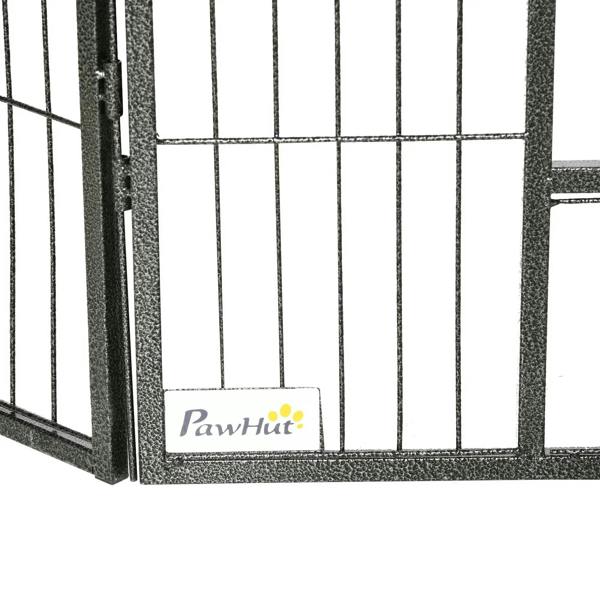 Grey wire dog playpen corner post with PawHut logo and mesh gate frame