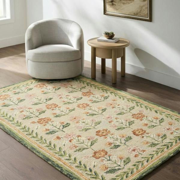 Livabliss Fairfax-Hand Tufted Green Beige Pink Wool Global Fringe Rug