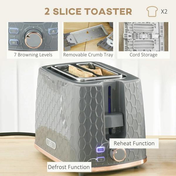 Grey 2-slice toaster set showing browning dial and illuminated function buttons
