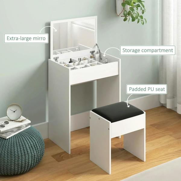 White vanity dressing table with large flip mirror, storage bay, and padded PU seat
