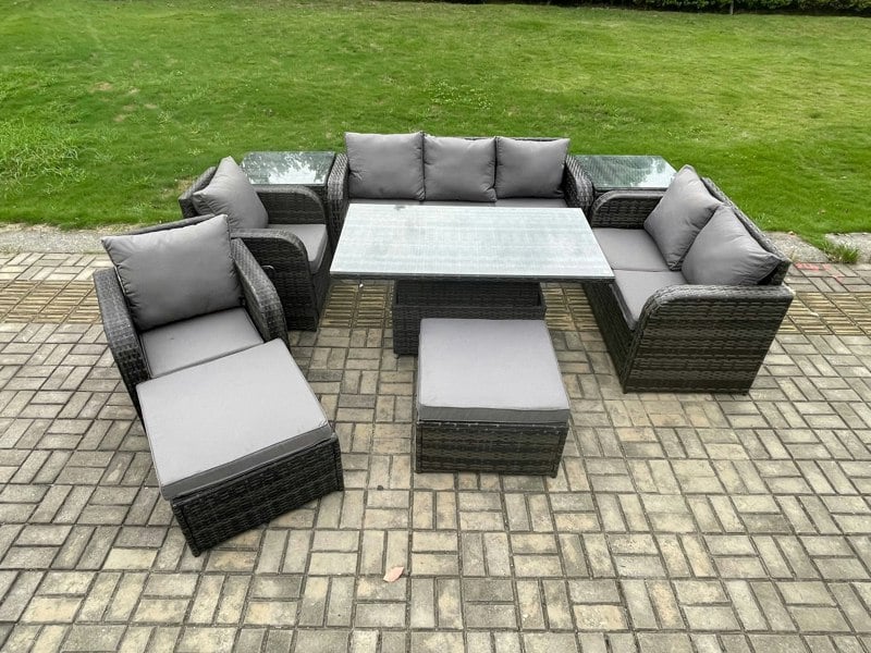 Fimous Outdoor Rattan 9-Seater Dining & Lounge Set | Adjustable Rising Table, Reclining Sofa & Chairs, 2 Side Tables, 2 Footstools