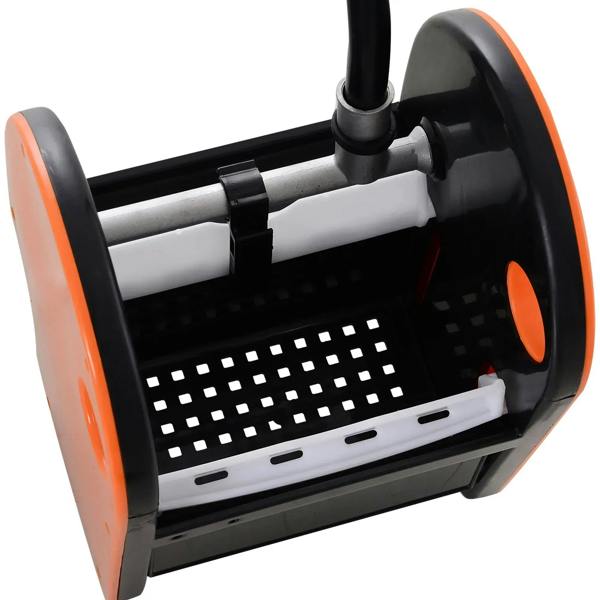 Orange-and-black wringer drum with perforated press plate and side wheels