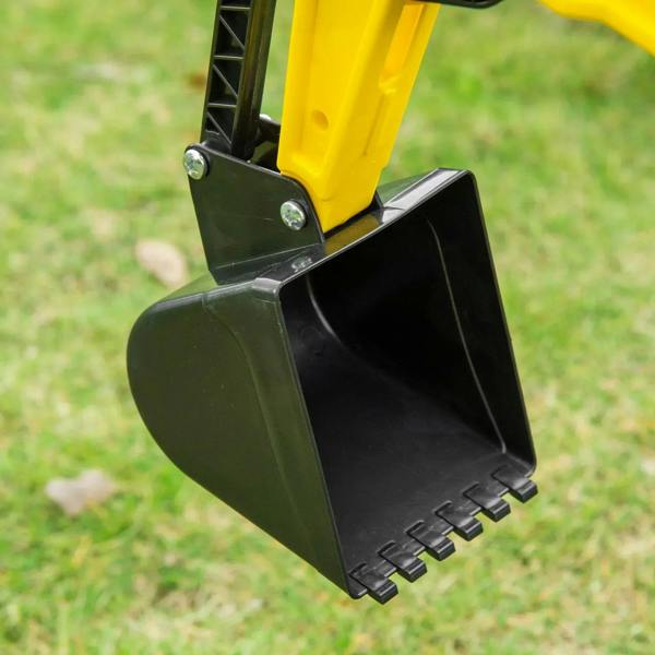 Front black digging bucket attachment on a yellow ride-on digger truck