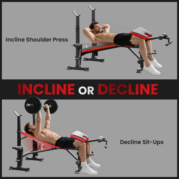 Incline press workout bench with black pads and red trim, barbell rack supports