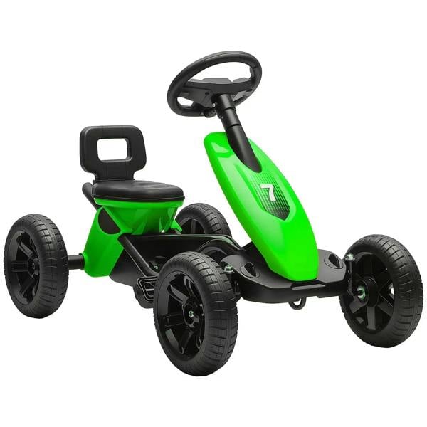 Green kids pedal go-kart with black seat, steering wheel, and four chunky tires