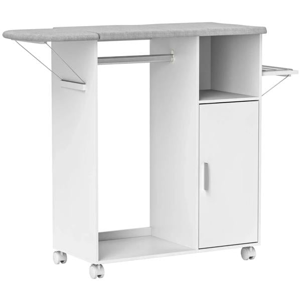 White foldable ironing board cabinet with gray top, storage door, and rolling wheels