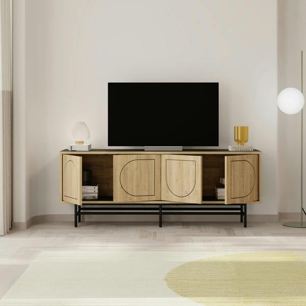 Decortie Modern TV Stand & Cabinet with 4 Doors, Laser-Cut Design, Fits up to 58-Inch TVs, Soft-Close Metal Legs, Oak-Moss Green