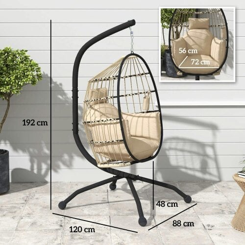 Bobobiy Hanging Egg Chair Garden Swing Chair with Folding Basket and Thickened Cushion, Garden Hanging Chair with Stand, Headrest, Cup Holder, Khaki
