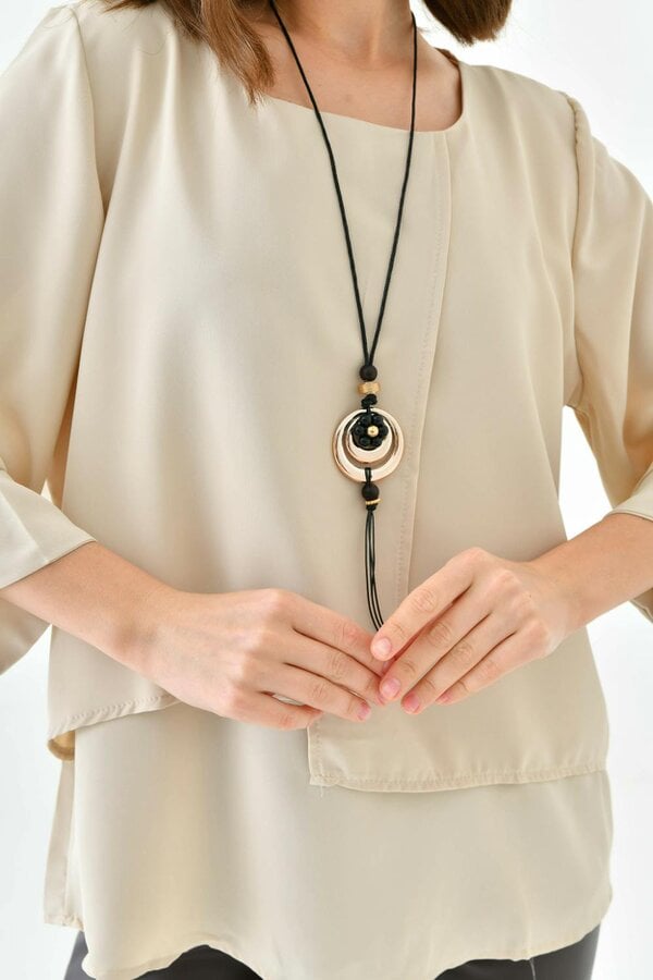 Hoxton Gal Oversized Fit 3/4 Sleeve Asymmetric Layered Blouse in Beige with Necklace