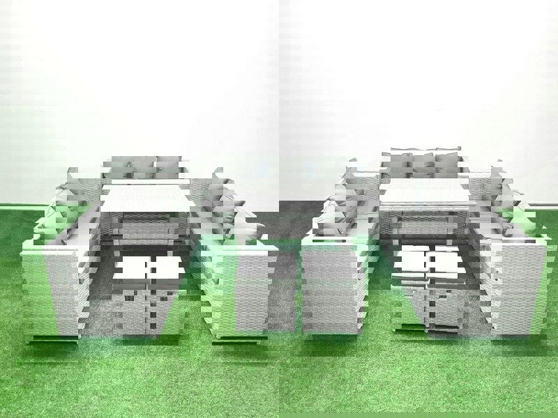 Fimous Rattan Garden Outdoor Furniture Set 11 Seater Garden Sofa Rectangulr Dining Table Set with 2 Small Footstool Light Grey Mixed