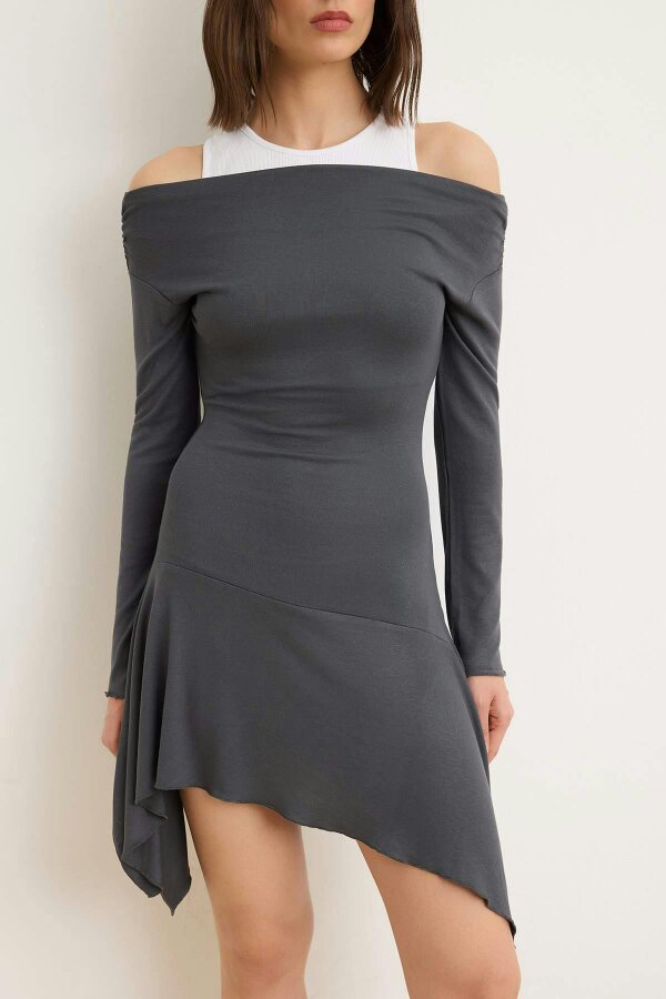 WOVCOR Regular Asymmetric Boat Neck Long Sleeve Mini Soft Touch Dress