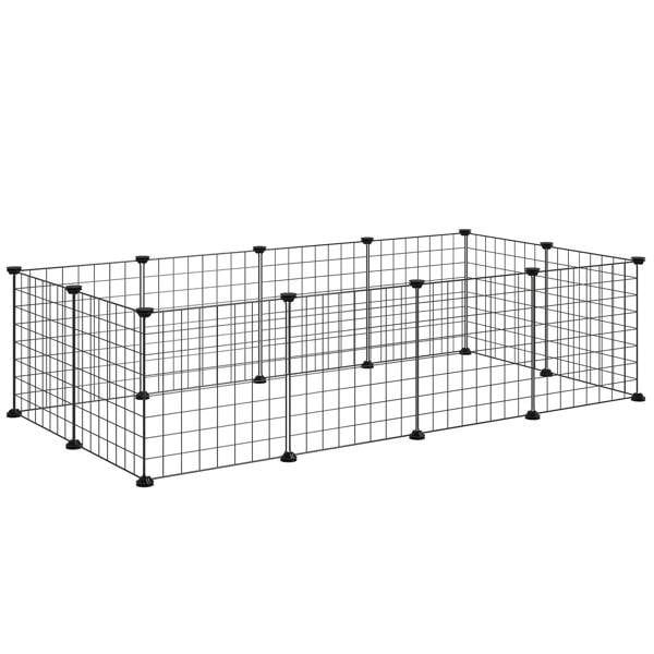 Black metal wire pet playpen enclosure with 12 fence panels and corner feet