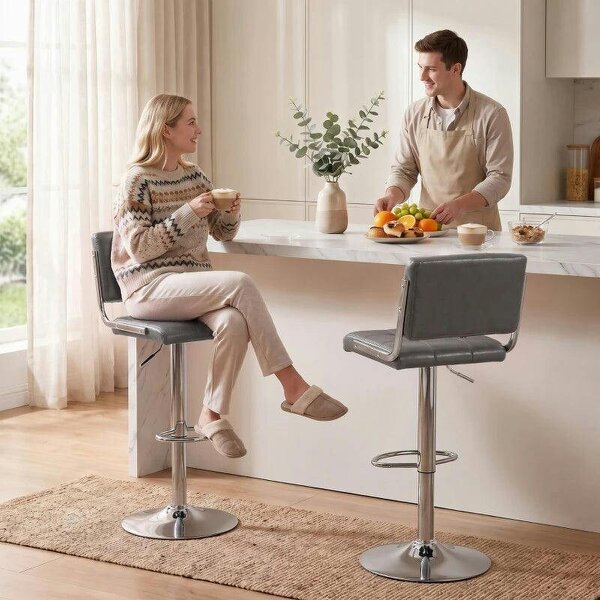 Bar Stools Modern PU Leather Adjustable Breakfast Bar Stools Backrest Set of 2 Grey - Grey