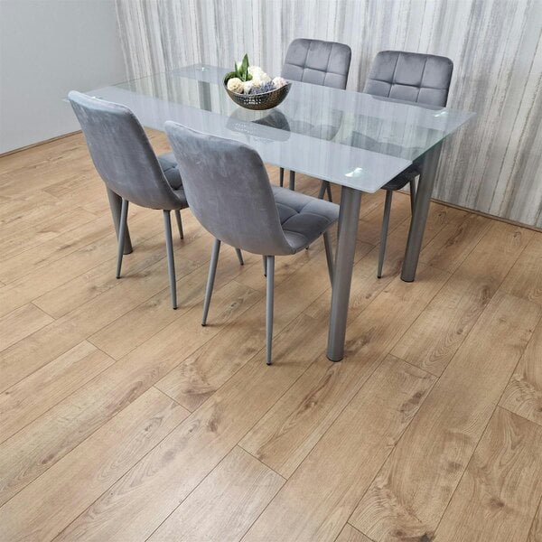 Kosy Koala Dining Table Clear Glass and 4 Velvet Grey Chairs Dining Room Furniture