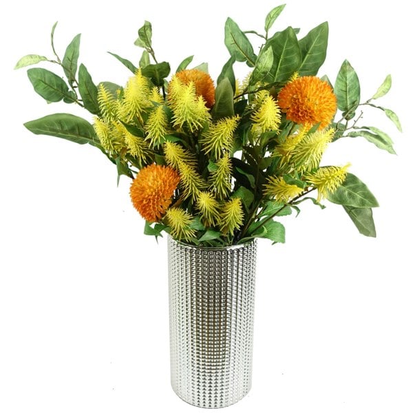 Leaf Pack of 6 x 70cm Large Ball Dahlia Artificial Flower Stem Yellow