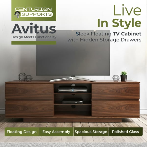 Centurion Supports AVITUS Walnut with 4-Walnut Drawers for 32"-65" LED/OLED/LCD TV Cabinet - FULLY ASSEMBLED